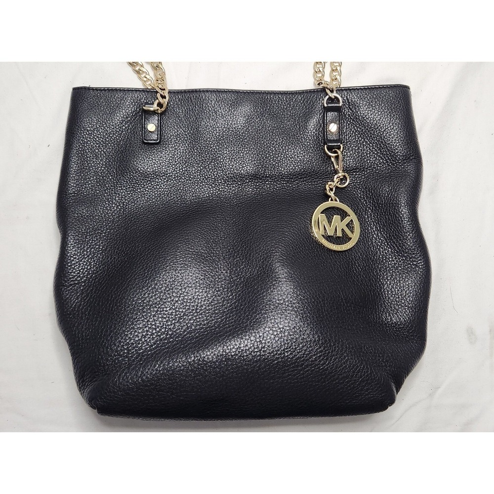 Michael Kors Tote Bag Black Leather Shoulder Bag Chain Detail Charm w Dust Cover - Picture 4 of 9